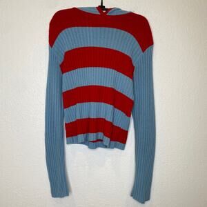Bulldog Vintage Women’s Blue & Red Striped Y2K Pullover Hooded Sweater EUC Sz Sm